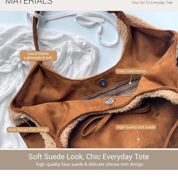 Brown Faux Suede Shearling Tote Bag - Picture 4 of 6